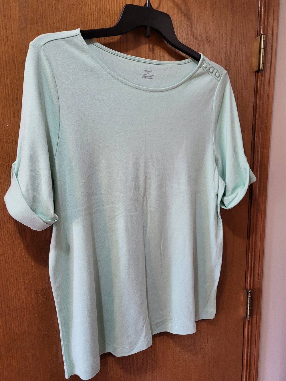 CJ's Mint Button-Shoulder Roll-Sleeve Top